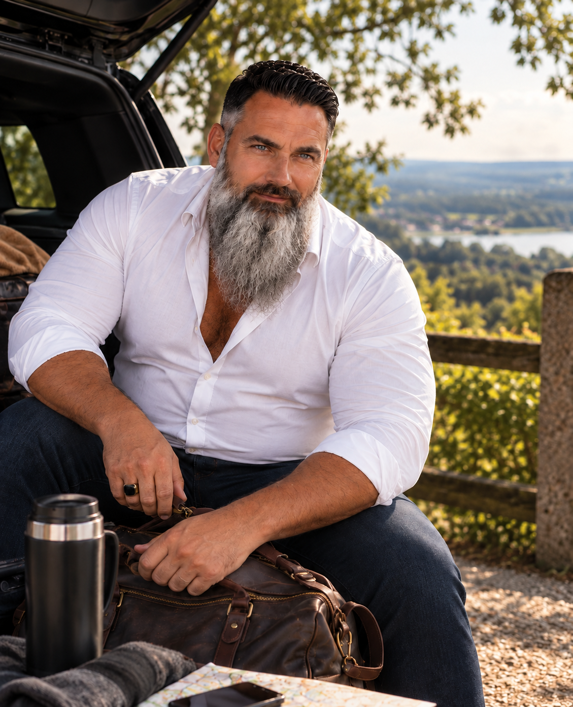 Thomas Black in weißem Hemd in heller Außenatmosphäre mit Reisetasche und Landschaft im Hintergrund